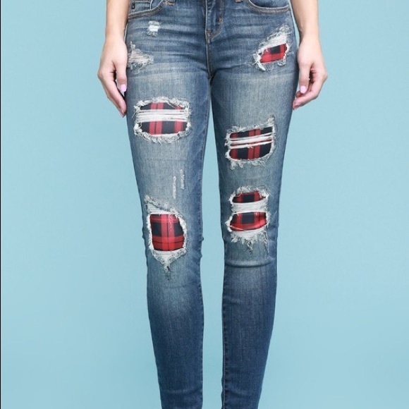 Judy Blue Denim - Judy Blue Buffalo Plaid Patch Skinny Ankle Jeans